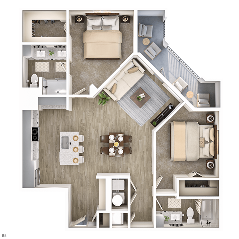 Floor plan for 2 beds, 2 baths, 1134 sqft